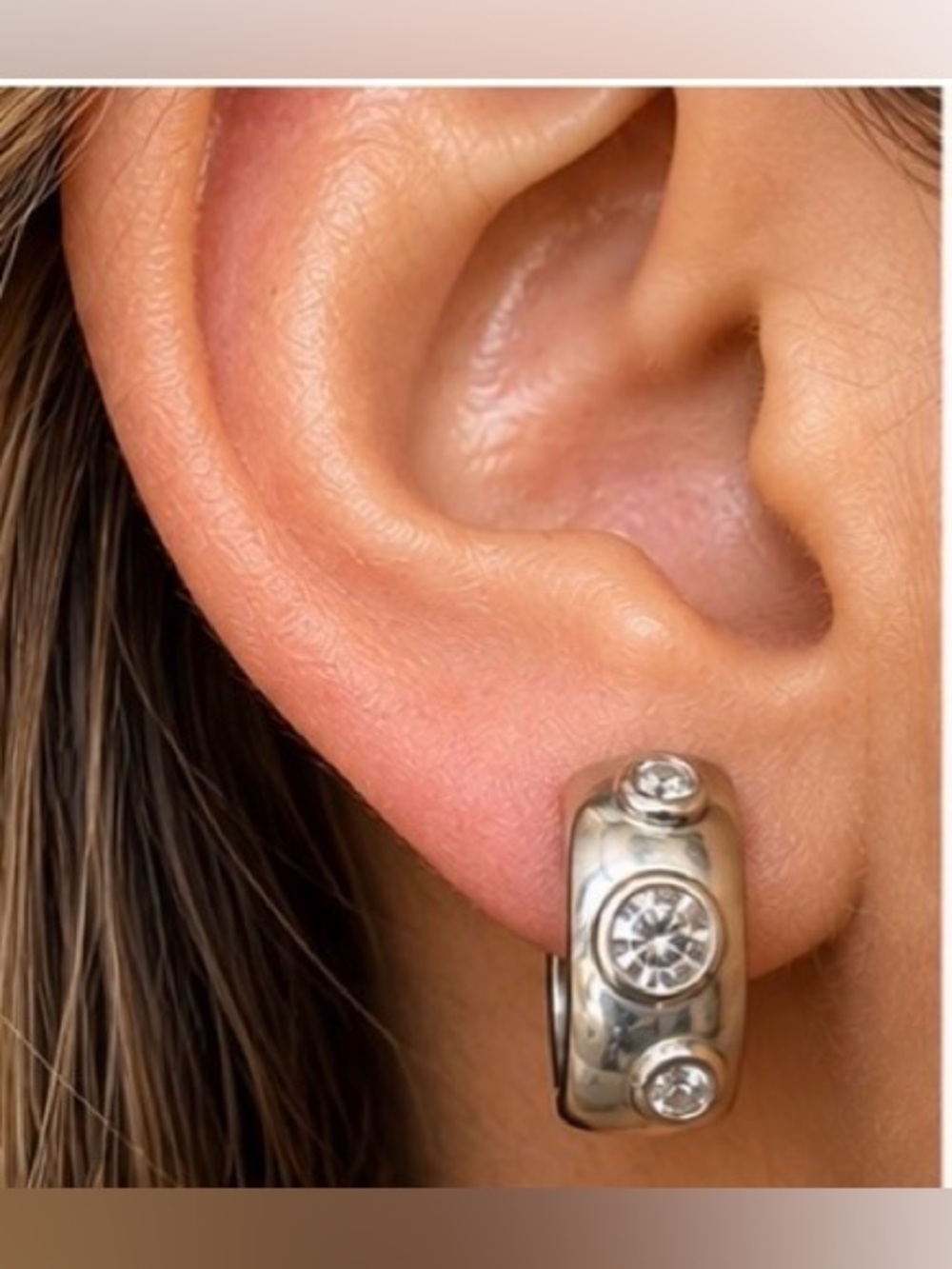 Silver Tone Crystal Half Hoop Earrings Bezel Set 3 Stone Pierced Huggie Style